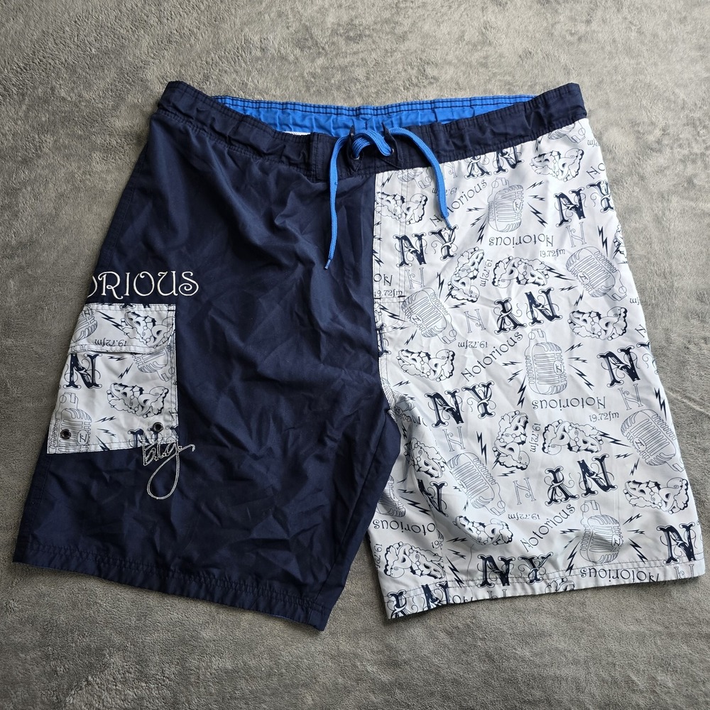 Notorious Big Swin Trunks Shorts Microphone NY Print Music Mens XL Navy Blue